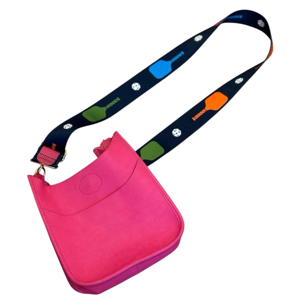 Bright Pink Vegan Leather Crossbody Bag Pickle Ball Strap Sporty Purse Tennis